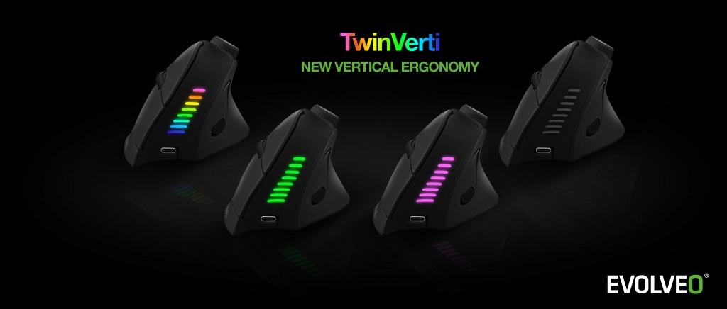 EVOLVEO TwinVerti, vertikálna ergonomická myš, umožňuje prácu na troch pripojených zariadeniach